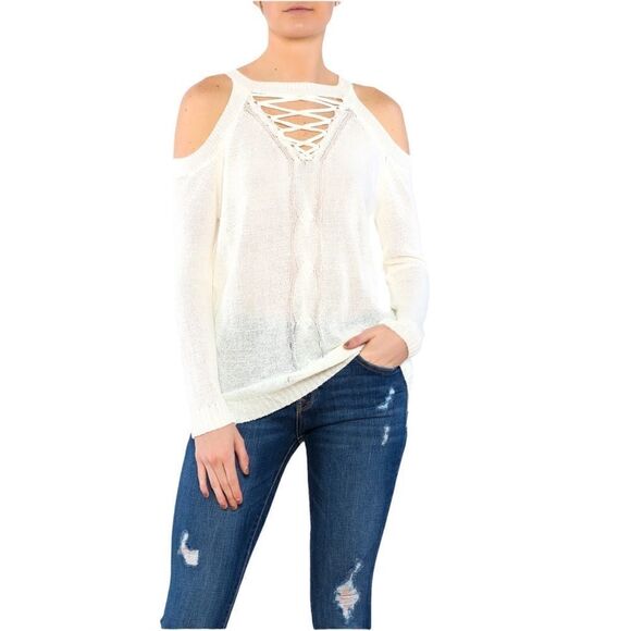 Sz S Entro Ivory Cold Shoulder Knit Sweater - Picture 1 of 11